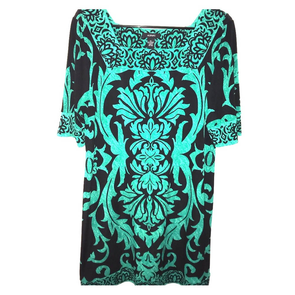 Green and Black Brocade Print Beautiful Dress EUC